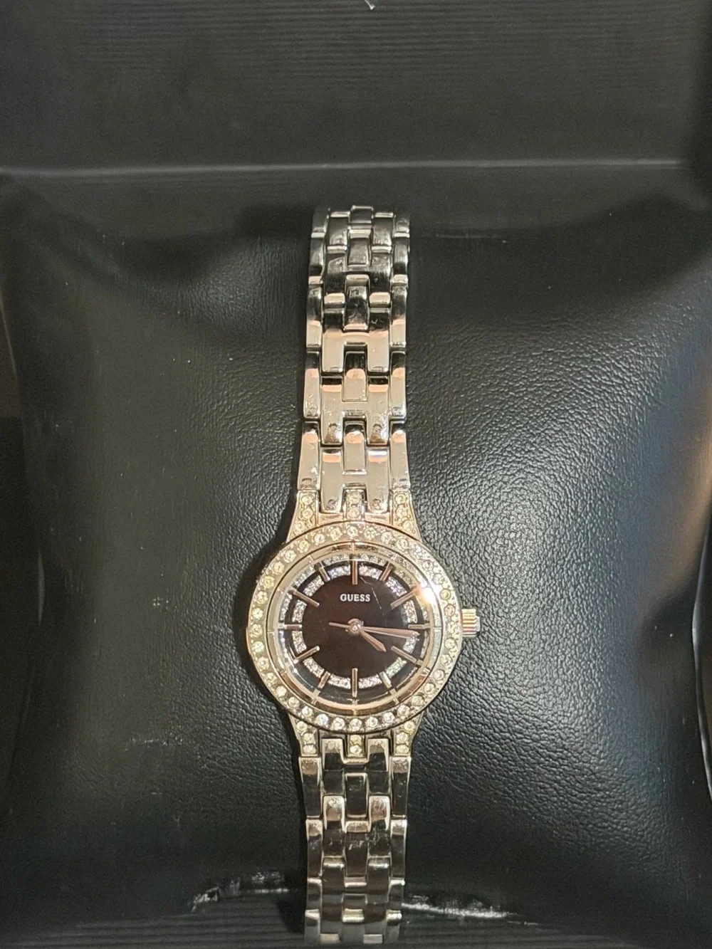 GUESS Silver-Tone Women's Bracelet Watch with Black Dial and Crystal Bezel